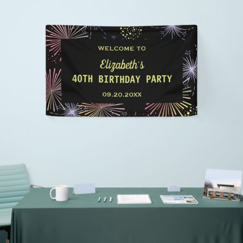 Chic Modern Colorful Fireworks Black Birthday  Banner