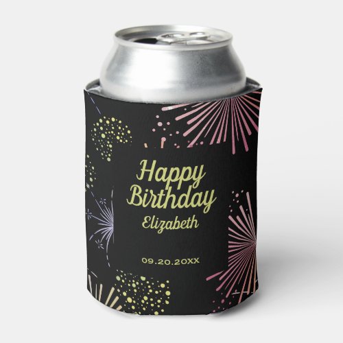 Chic Modern Colorful Fireworks Black Birthday  Can Cooler
