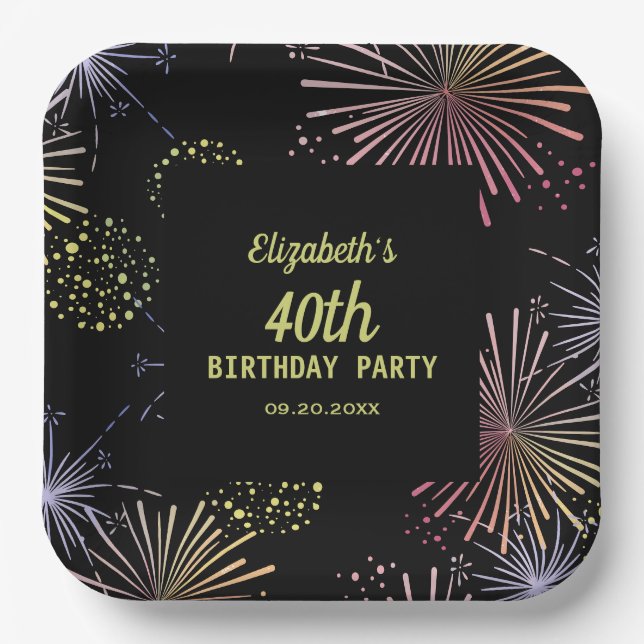 Chic Modern Colorful Fireworks Black Birthday  Paper Plates (Front)