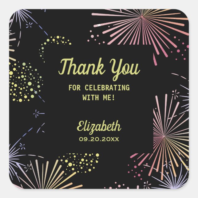 Chic Modern Colorful Fireworks Black Birthday  Square Sticker (Front)