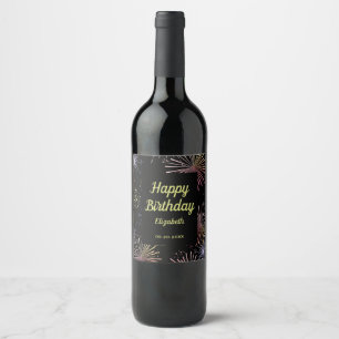 Chic Modern Colorful Fireworks Black Birthday Wine Label