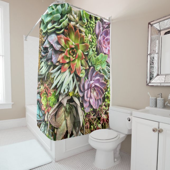Chic Modern Colorful Succulent photo pattern Shower Curtain (In Situ)