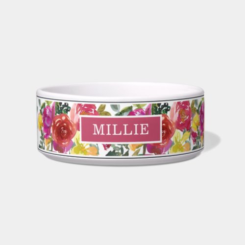 Chic Modern Colorful Watercolor Floral Name Bowl