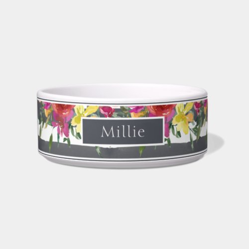 Chic Modern Colorful Watercolor Floral Name Bowl