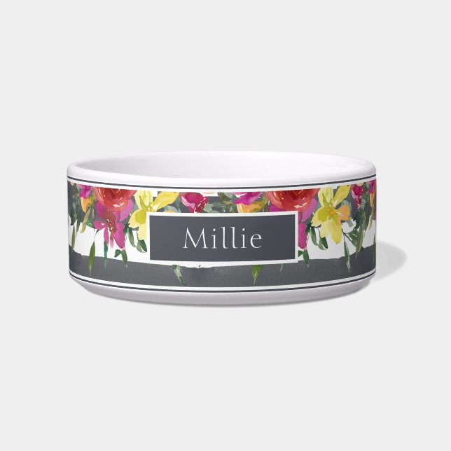 Chic Modern Colorful Watercolor Floral Name Bowl (Front)