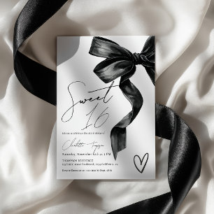 Chic Modern Coquette Black Bow Sweet 16 Birthday Invitation