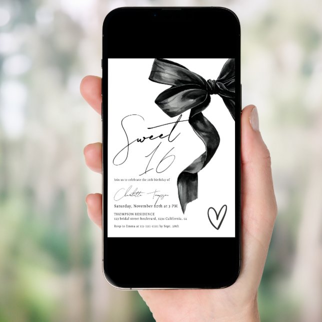 Chic Modern Coquette Black Bow Sweet 16 Birthday Invitation (Front Digital)