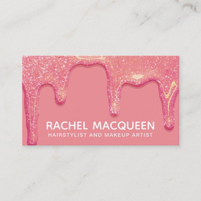 Chic Modern Coral Pink Glitter Drips Business Card (Front)