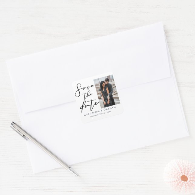 Chic Modern Couple Photo Save the Date Square Sticker (Envelope)