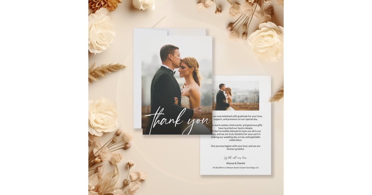 Chic Modern Custom 2 Wedding Photos Thank You Card | Zazzle