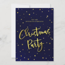 Chic Modern Dark Blue & Gold Stars Christmas Party Invitation