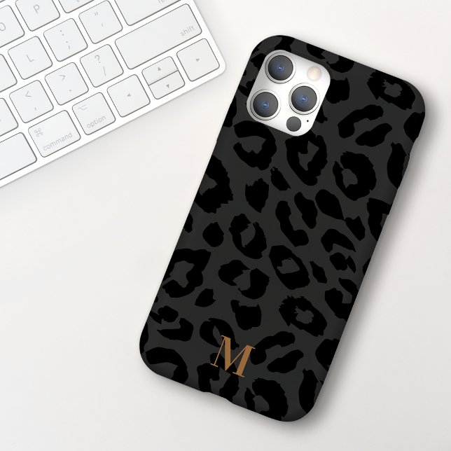 Chic Modern Dark Grey Black Leopard Print Monogram Iphone Case (Creator Uploaded)