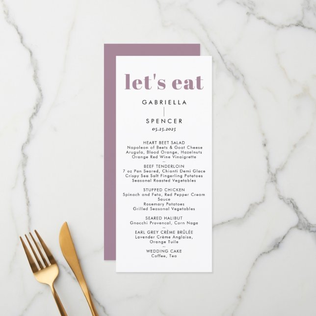 Chic Modern Dusty Purple Monogram Wedding  Menu (Front/Back In Situ)
