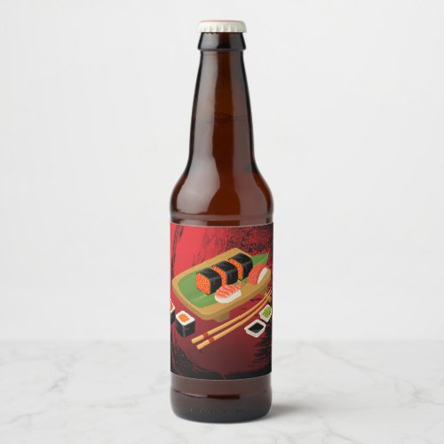 Chic Modern Elegant Black  Red Sushi Beer Bottle Label