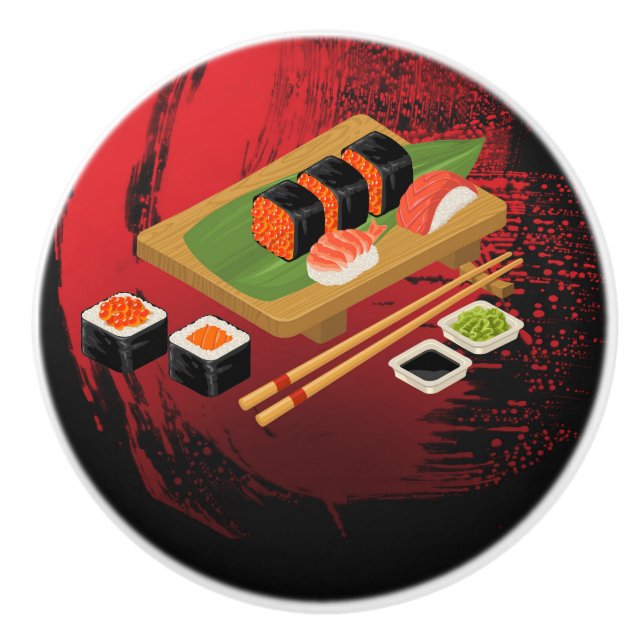 Chic Modern Elegant Black & Red Sushi Ceramic Knob (Front)