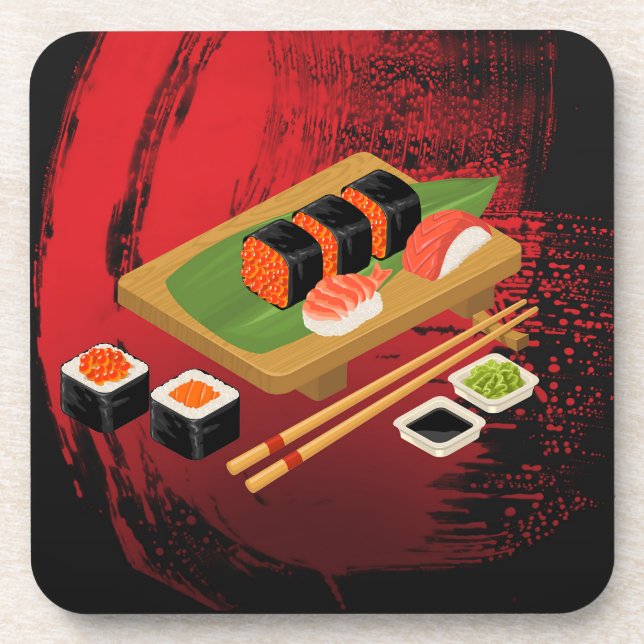 Chic Modern Elegant Black & Red Sushi Cook Drink Coaster (Front)