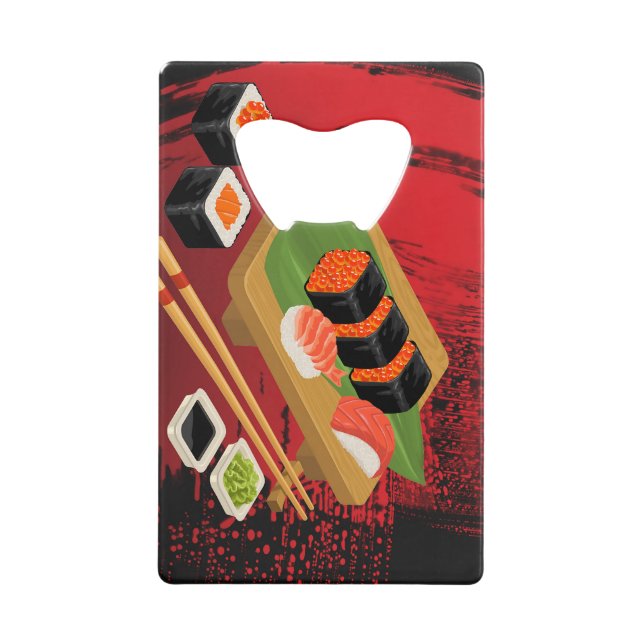 Chic Modern Elegant Black & Red Sushi Credit Card Bottle Opener (Front)