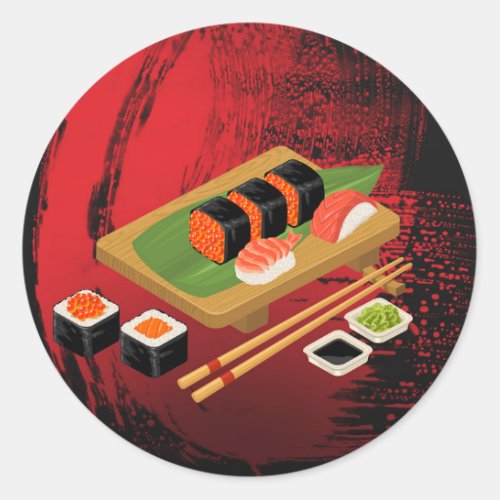 Chic Modern Elegant Black  Red Sushi Party Event Classic Round Sticker