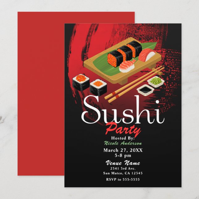 Chic Modern Elegant Black & Red Sushi Party Event Invitation (Front/Back)