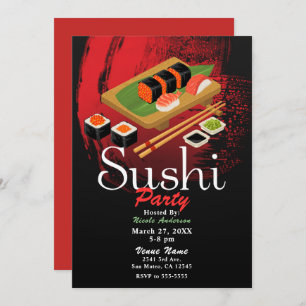 Chic Modern Elegant Black & Red Sushi Party Event Invitation