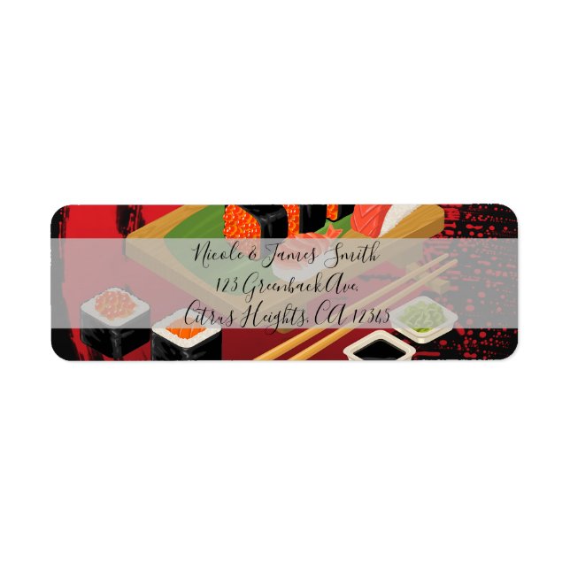 Chic Modern Elegant Black & Red Sushi Party Event Label (Front)