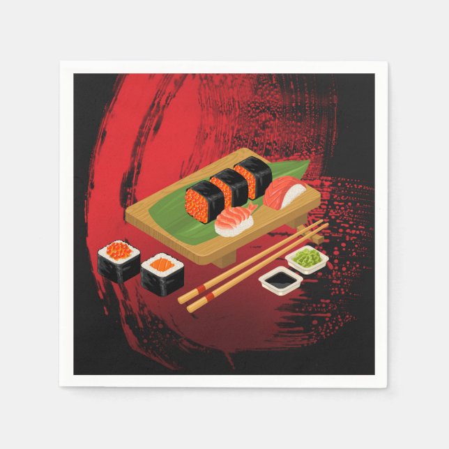 Chic Modern Elegant Black & Red Sushi Party Event Paper Napkins (Front)