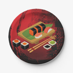 Chic Modern Elegant Black & Red Sushi Party Event Paper Plates