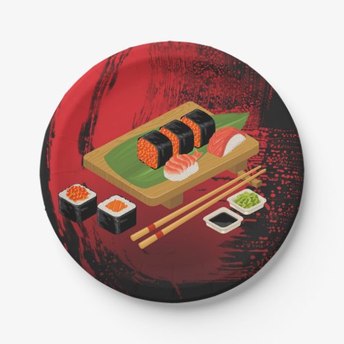 Chic Modern Elegant Black  Red Sushi Party Event Paper Plates