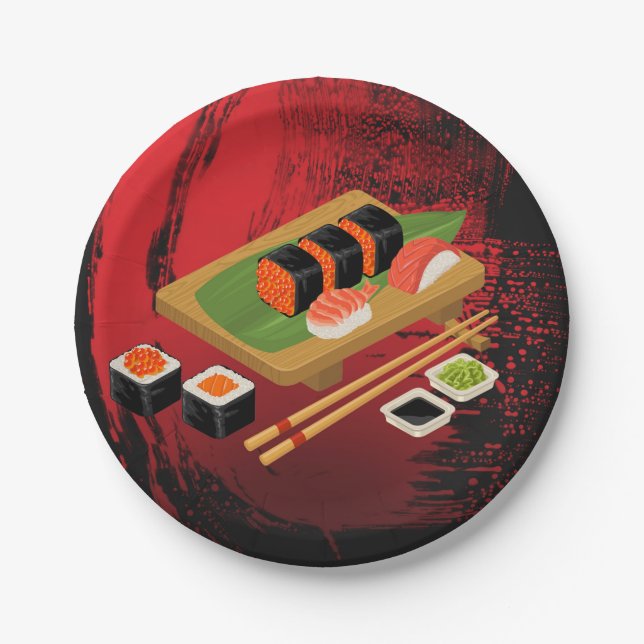 Chic Modern Elegant Black & Red Sushi Party Event Paper Plates (Front)
