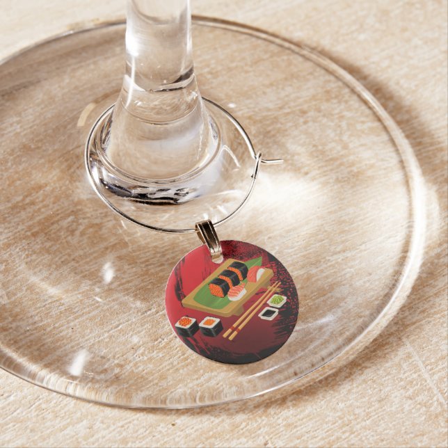 Chic Modern Elegant Black & Red Sushi Party Wine Glass Charm (In Situ)