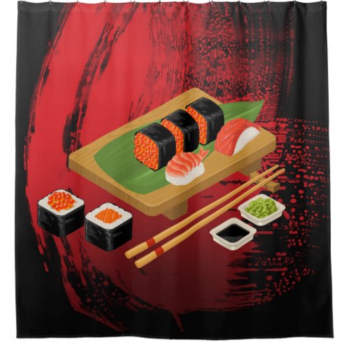 Chic Modern Elegant Black  Red Sushi Shower Curtain