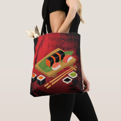 Chic Modern Elegant Black  Red Sushi Tote Bag