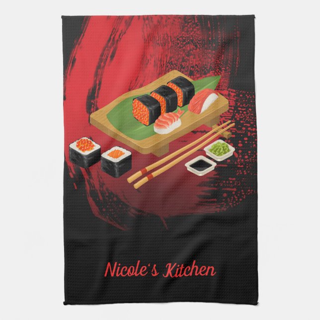 Chic Modern Elegant Black & Red Sushi Towel (Vertical)