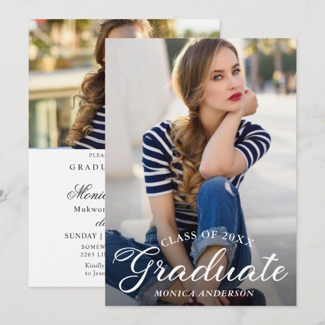 Chic Modern Elegant Script PHOTO Graduation Party Invitation (Front/Back)