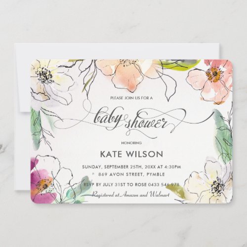 Chic Modern Elegant Watercolor Floral Baby Shower Invitation