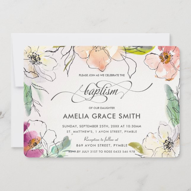 Chic Modern Elegant Watercolor Floral Baptism Invitation (Front)