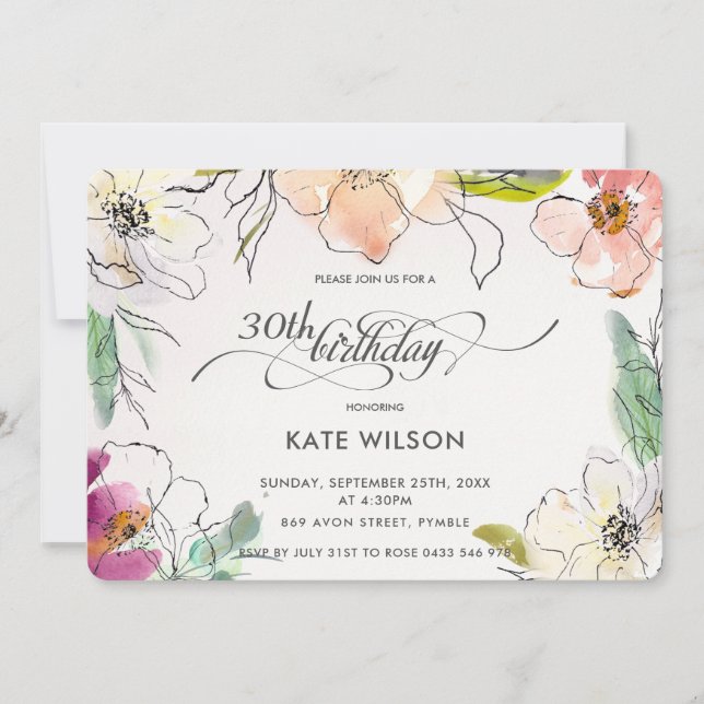 Chic Modern Elegant Watercolor Floral Birthday Invitation (Front)