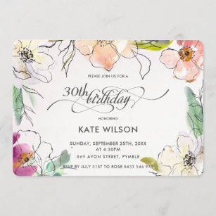 Chic Modern Elegant Watercolor Floral Birthday Invitation