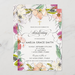 Chic Modern Elegant Watercolor Floral Christening Invitation