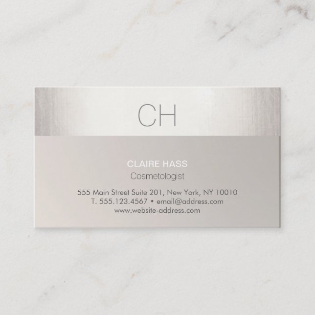 Chic Modern Faux Silver Foil and Taupe Monogram Business Card (Front)