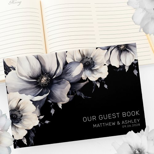 Chic Modern Floral Black White Wedding Guest Book