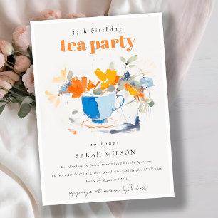 Chic Modern Floral Tea Cup Birthday Tea Party Invitation