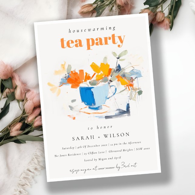 Chic Modern Floral Tea Cup Housewarming Tea Party Invitation (Creator Uploaded)