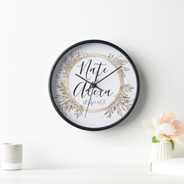 Chic Modern Floral Wreath Wedding Personalized Clock (Home)
