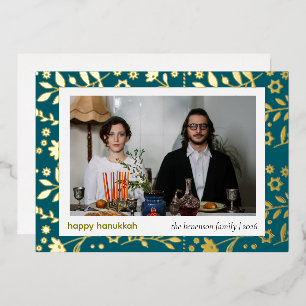 Chic Modern Folk Floral 1 Photo Happy Hanukkah Foil Holiday Card