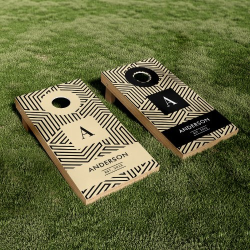 Chic Modern Geometric Black  Cream Monogram Name Cornhole Set