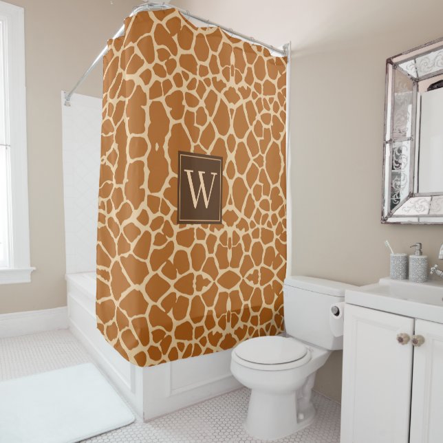 Chic Modern Giraffe Print Monogram Shower Curtain (In Situ)