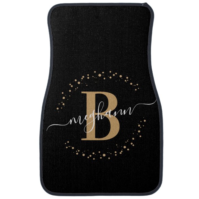 Chic Modern Girly Black Gold Name Script Monogram Car Floor Mat (Front)