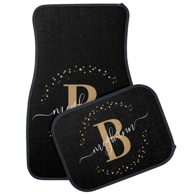Chic Modern Girly Black Gold Name Script Monogram Car Floor Mat (Set)