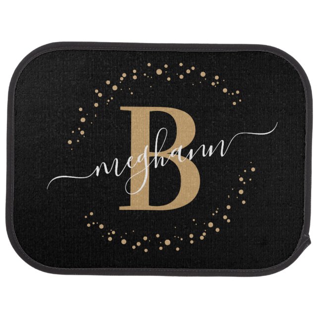 Chic Modern Girly Black Gold Name Script Monogram Car Floor Mat (Rear)